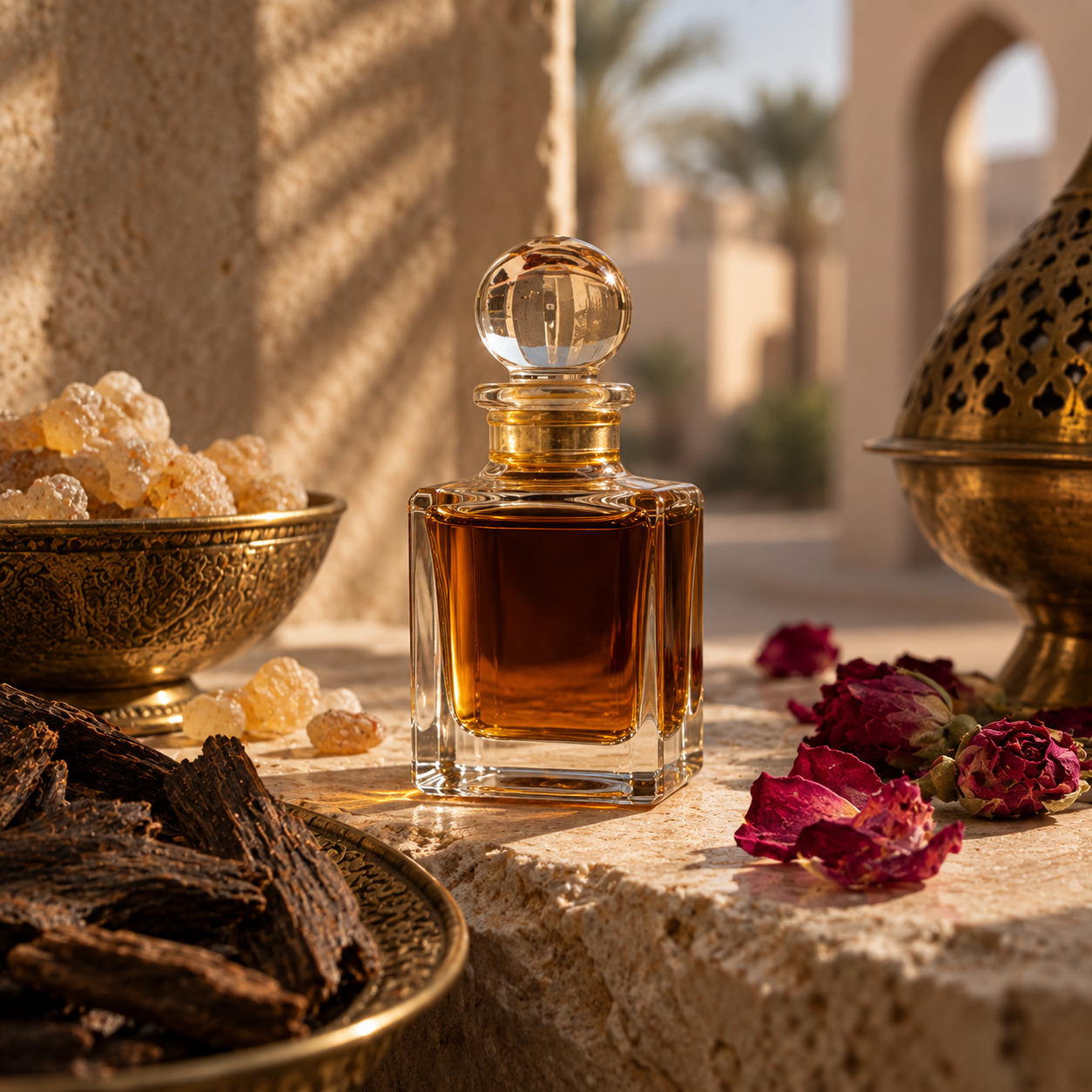 Generated editorial still life used for Amouage attar reviews