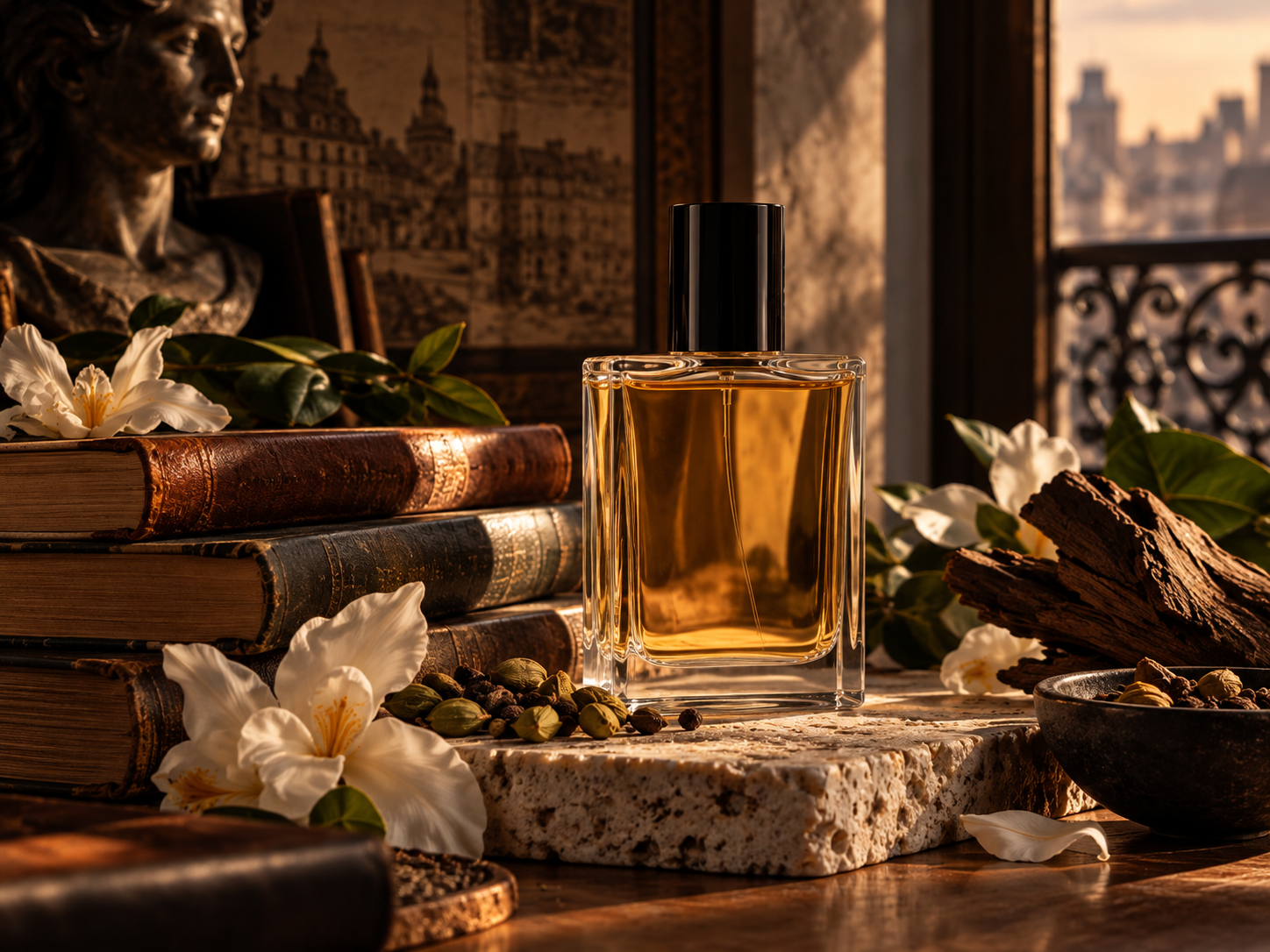 Generated editorial still life used for Histoires de Parfums reviews