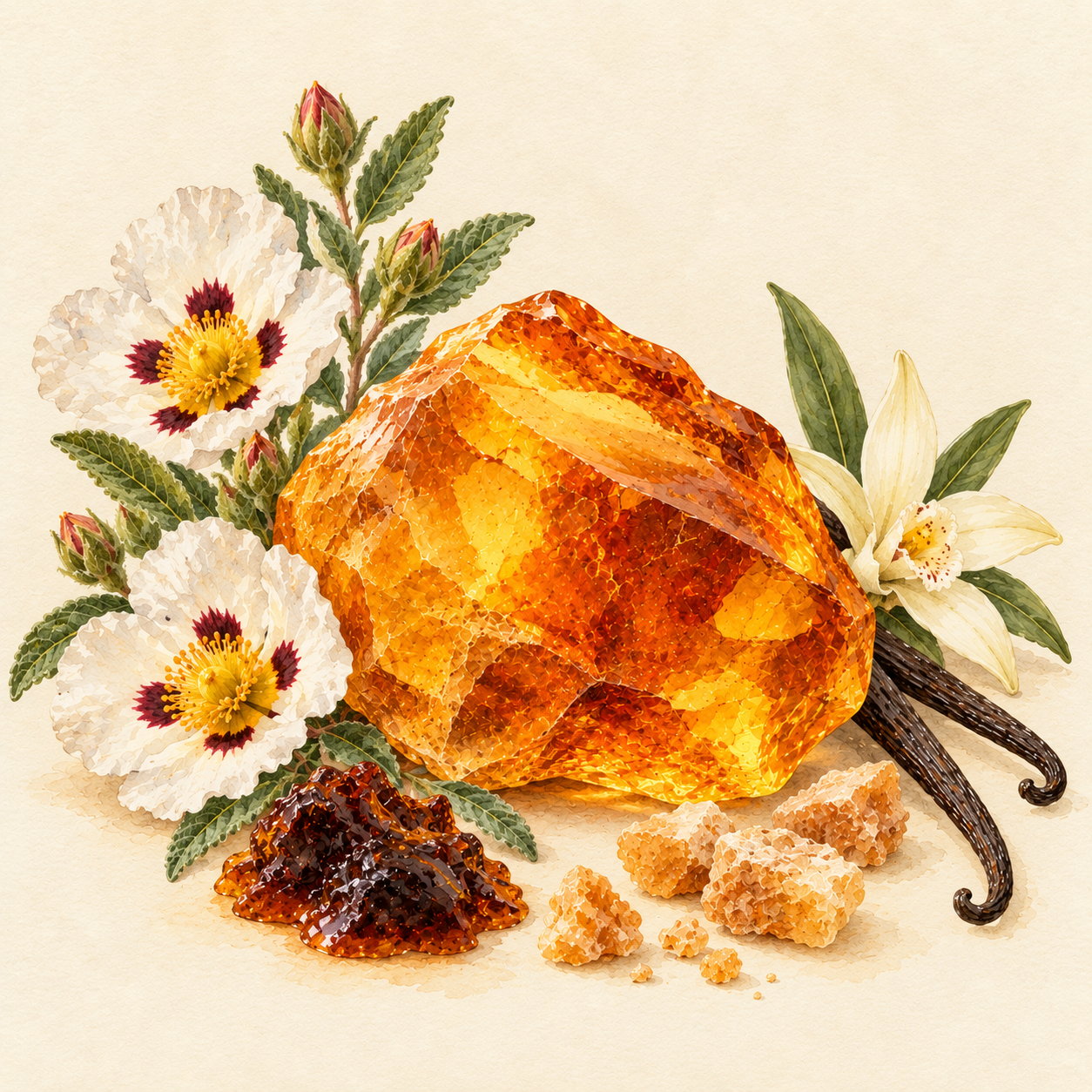 Botanical-book study of an amber accord with cistus, labdanum, vanilla and benzoin references