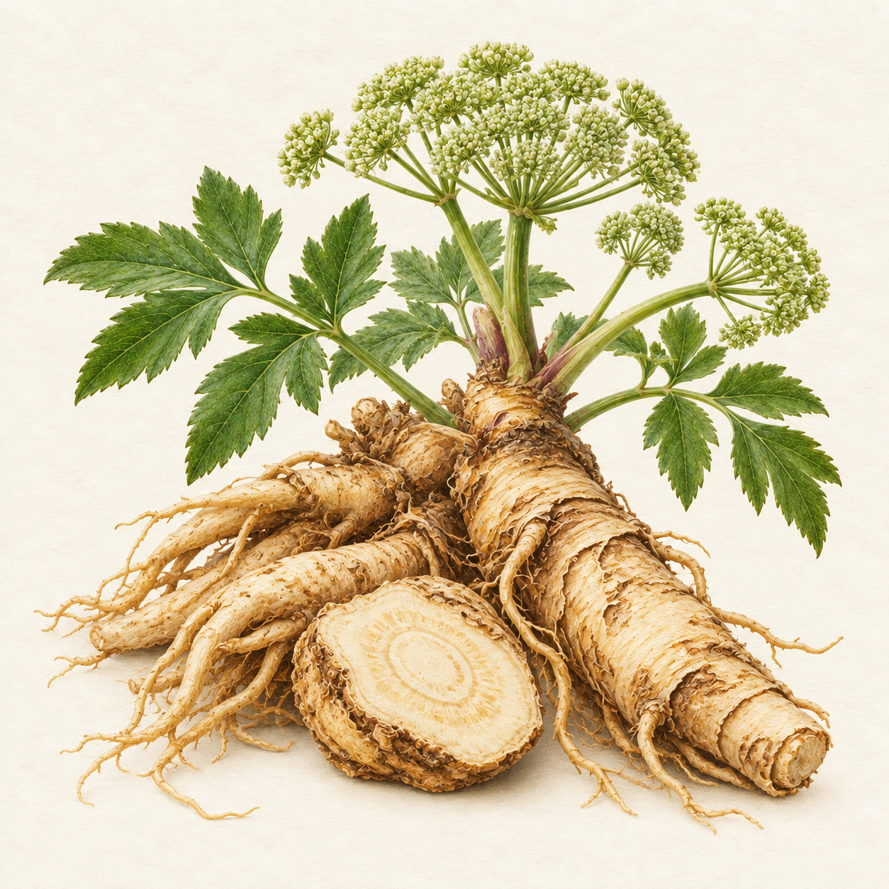 Botanical study of angelica roots, leaves and flower umbels