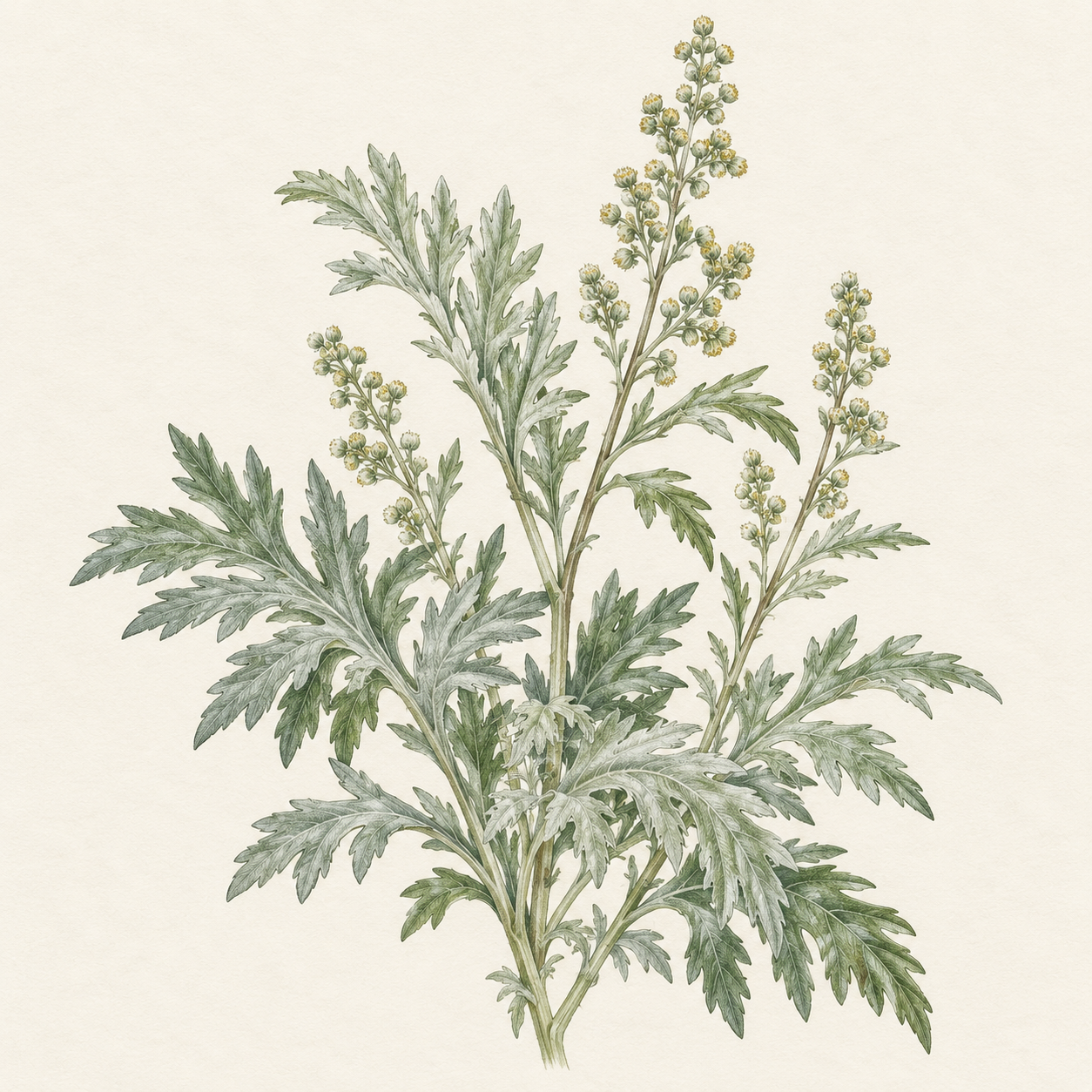 Botanical study of silvery artemisia foliage and flowering stems