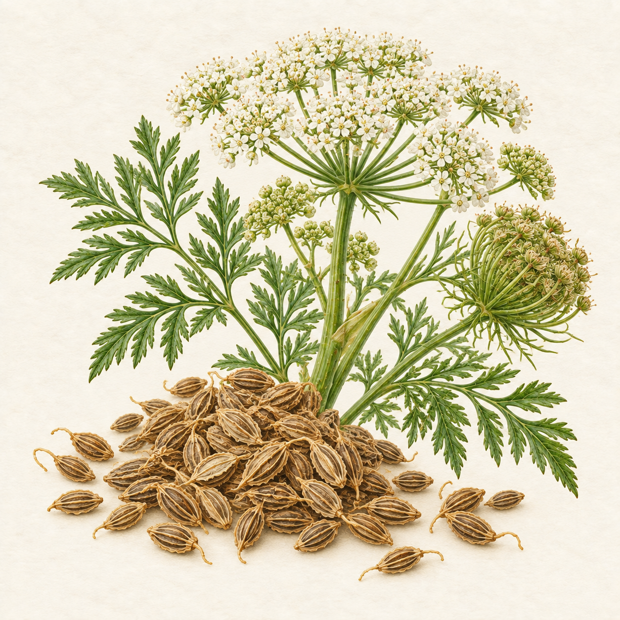 Botanical study of carrot seed umbels and dried seeds
