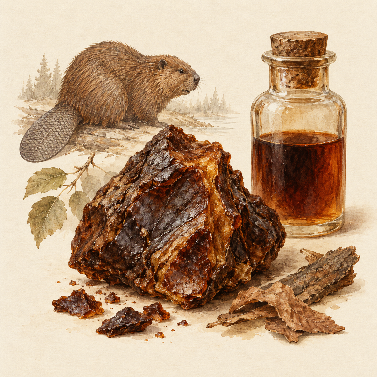 Natural-history style study representing castoreum with a beaver and dark resinous material