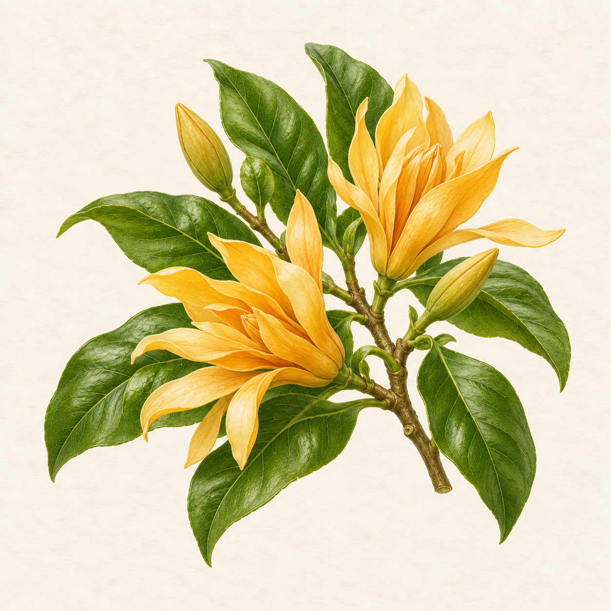 Botanical study of golden champaca flowers, buds and glossy leaves