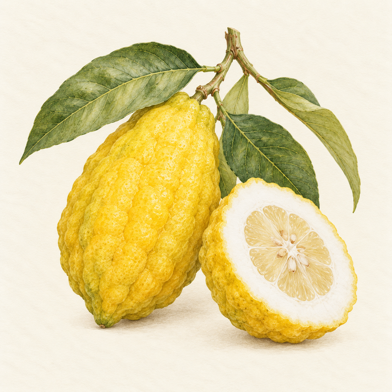 Botanical study of citron fruit, blossom and glossy leaves