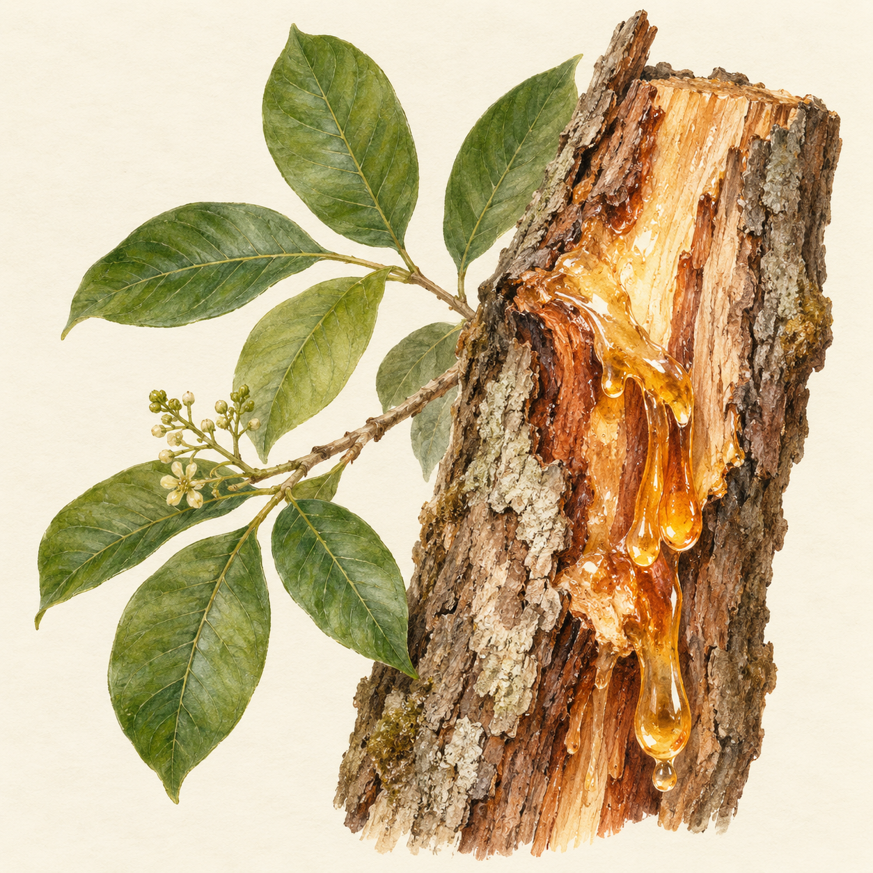 Botanical material study of copaiba wood with foliage and resin