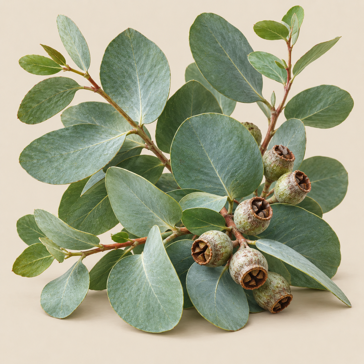 Botanical study of blue-green eucalyptus leaves and gum nuts