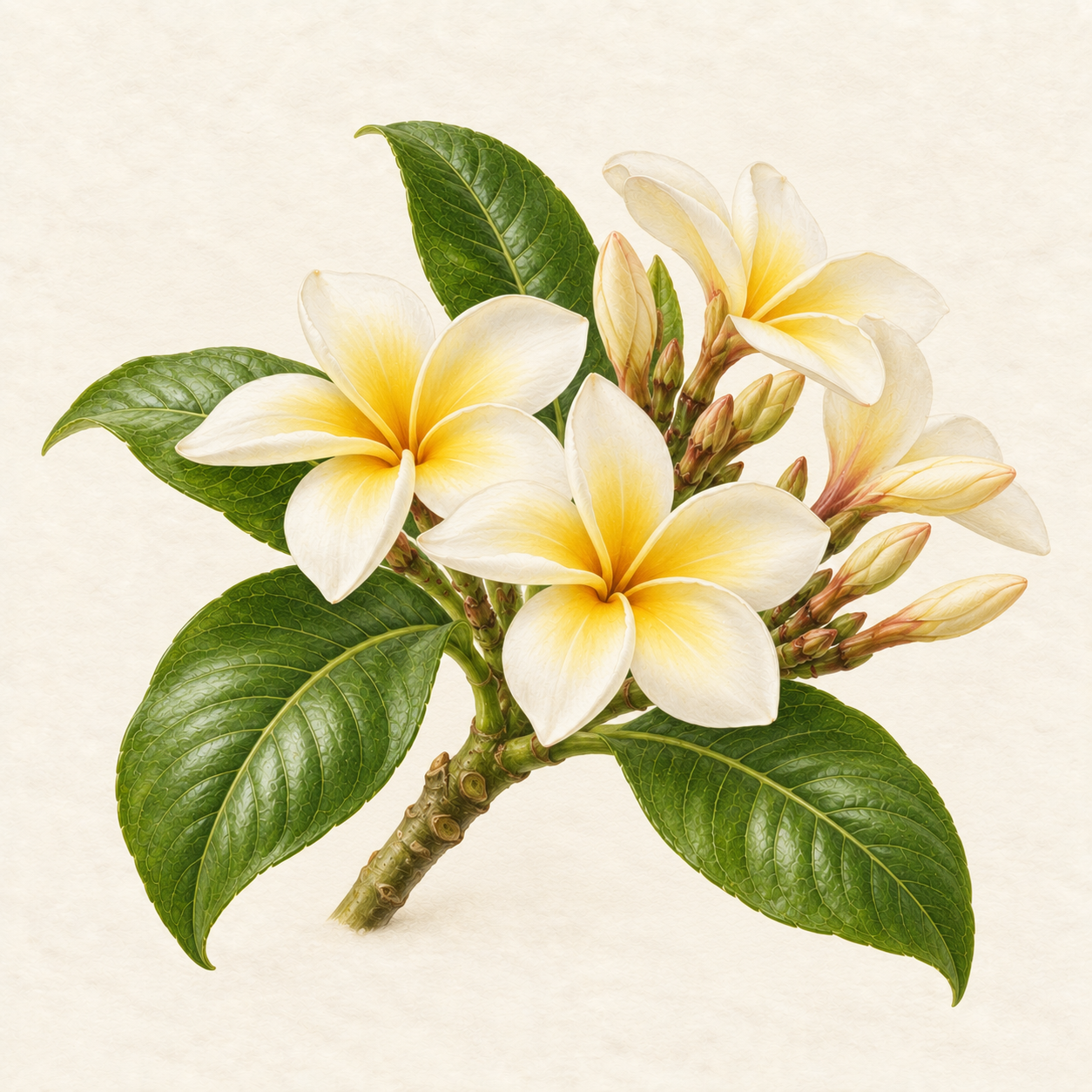Botanical study of frangipani flowers, buds and leaves
