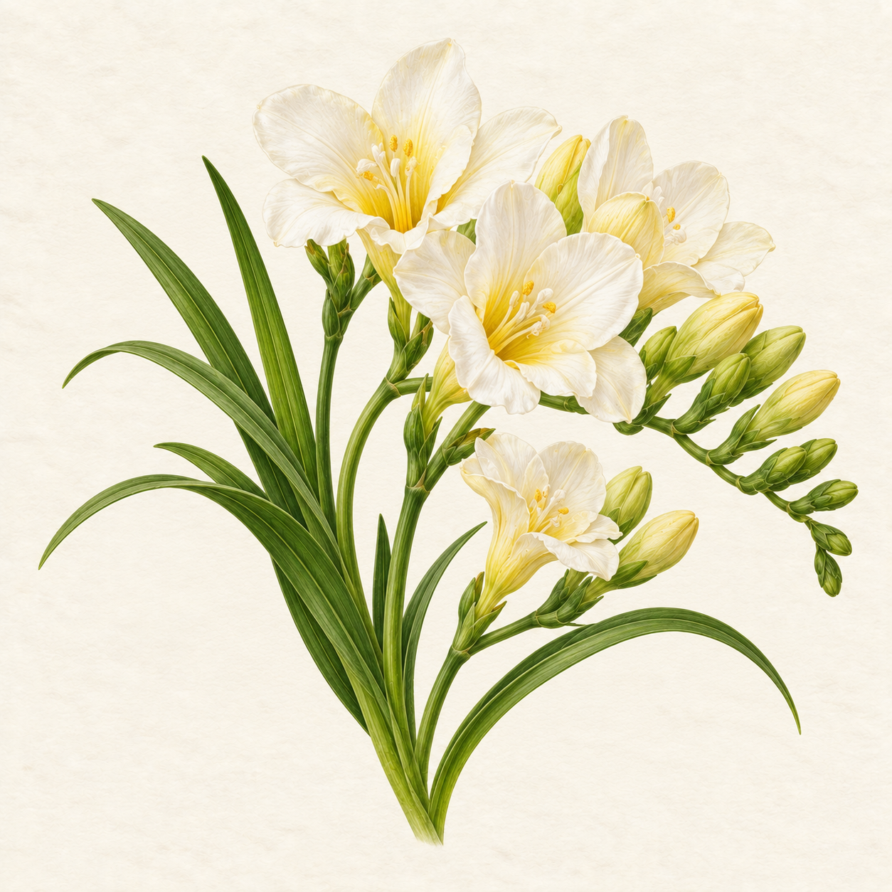 Botanical study of pale freesia flowers and buds