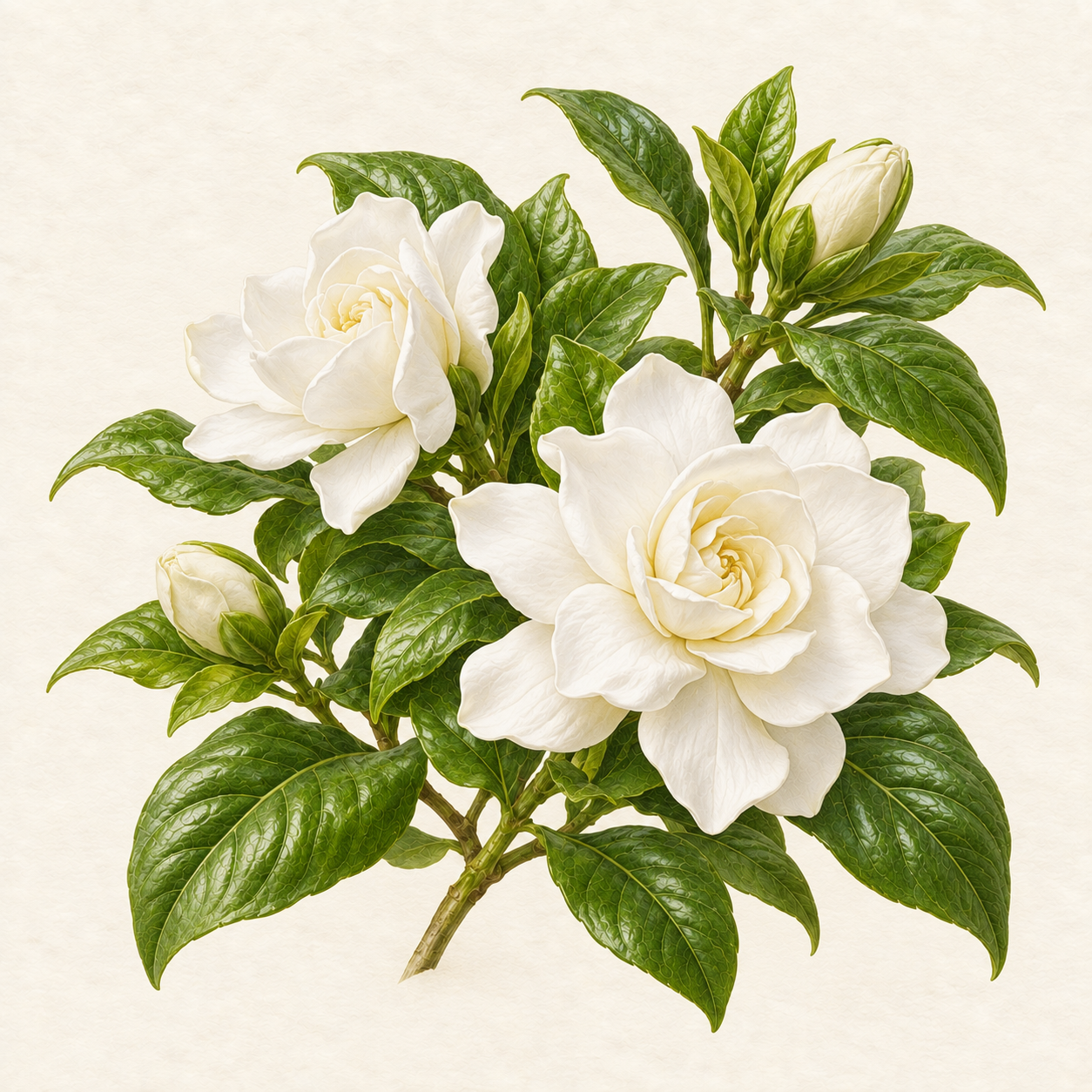 Botanical study of white gardenia flowers, buds and glossy leaves