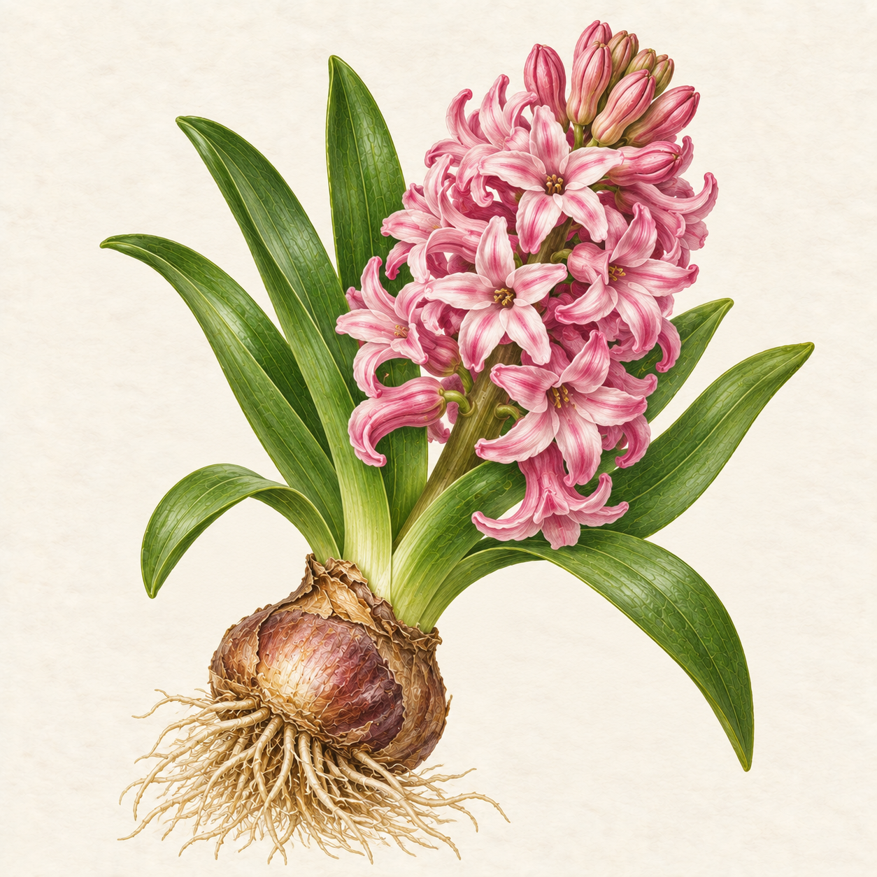 Botanical study of a flowering hyacinth with bulb and roots
