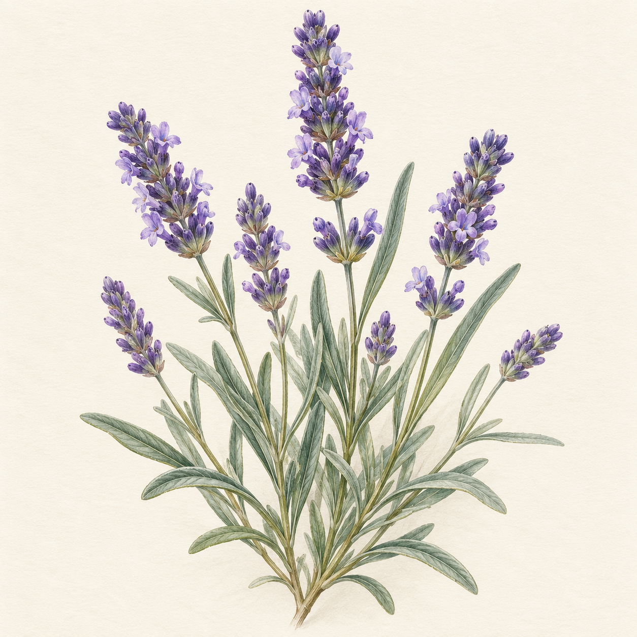 Botanical study of lavandin flower spikes and foliage