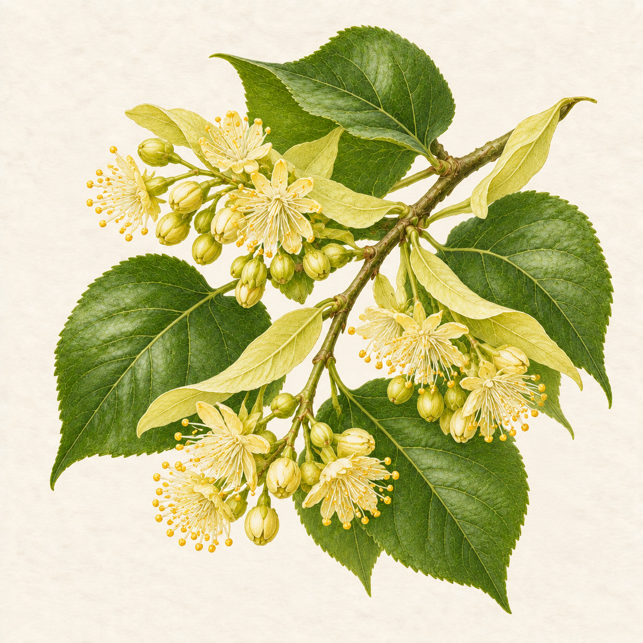 Botanical study of linden blossom clusters, bracts and leaves