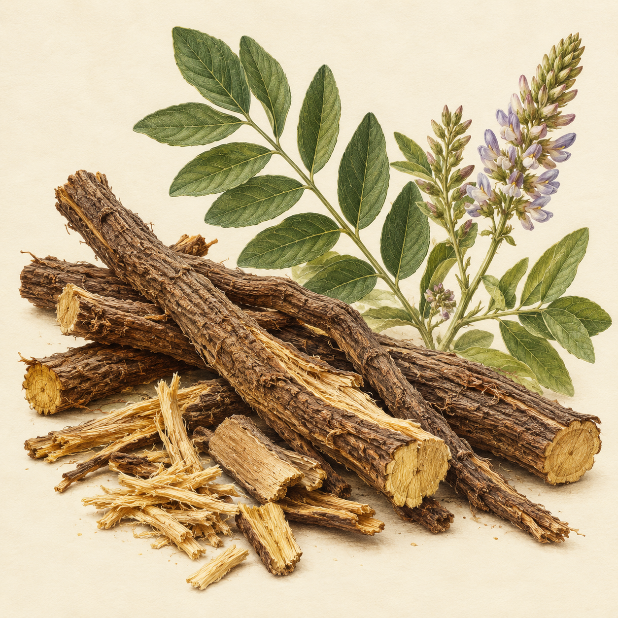 Botanical study of liquorice roots and foliage