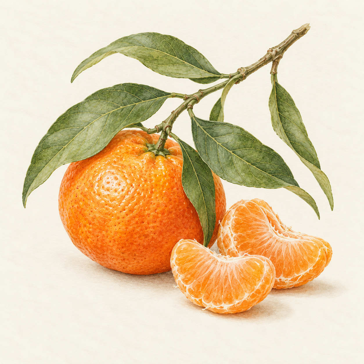 Botanical study of mandarin fruit, blossom and glossy leaves