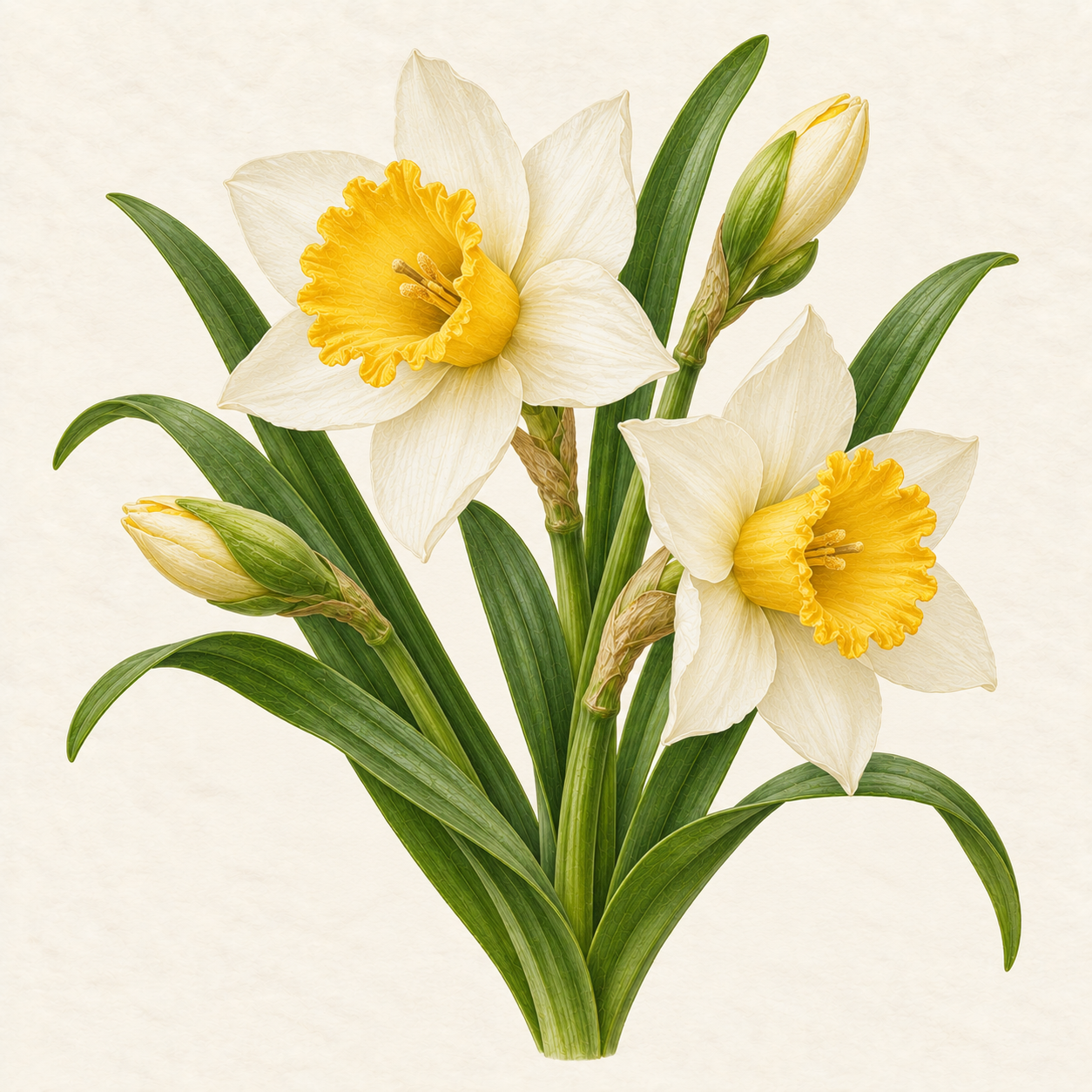 Botanical study of white narcissus flowers, buds and leaves