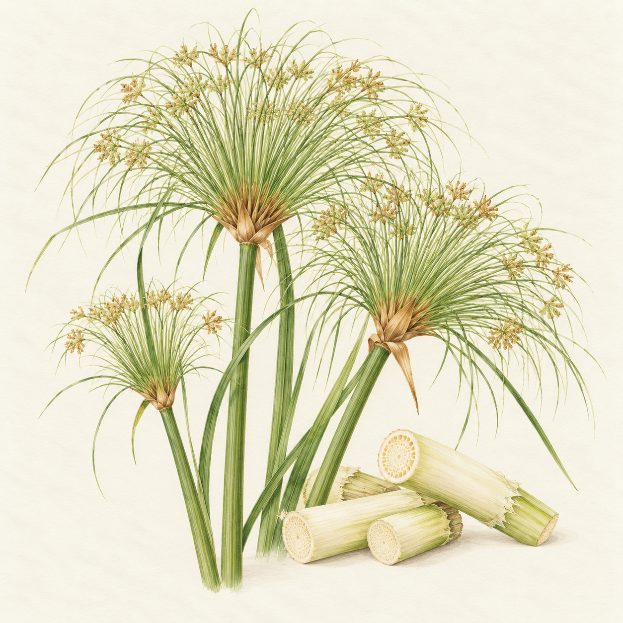 Botanical study of papyrus stems, umbels and cut pith