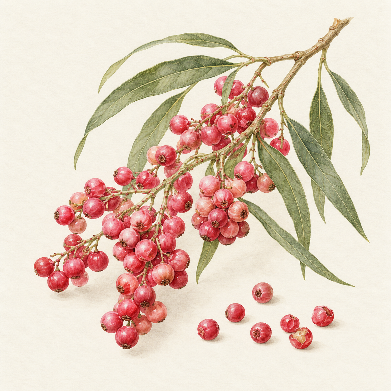 Botanical study of pink pepper berries, leaves and flowering stems