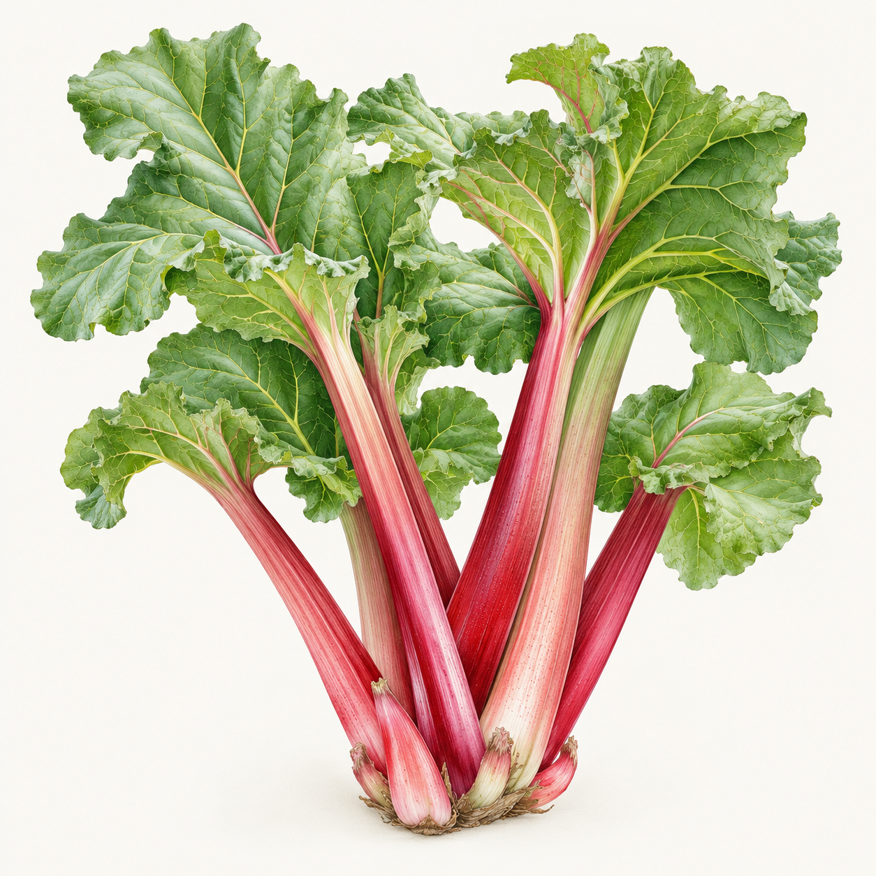 Botanical study of red rhubarb stalks and broad green leaves