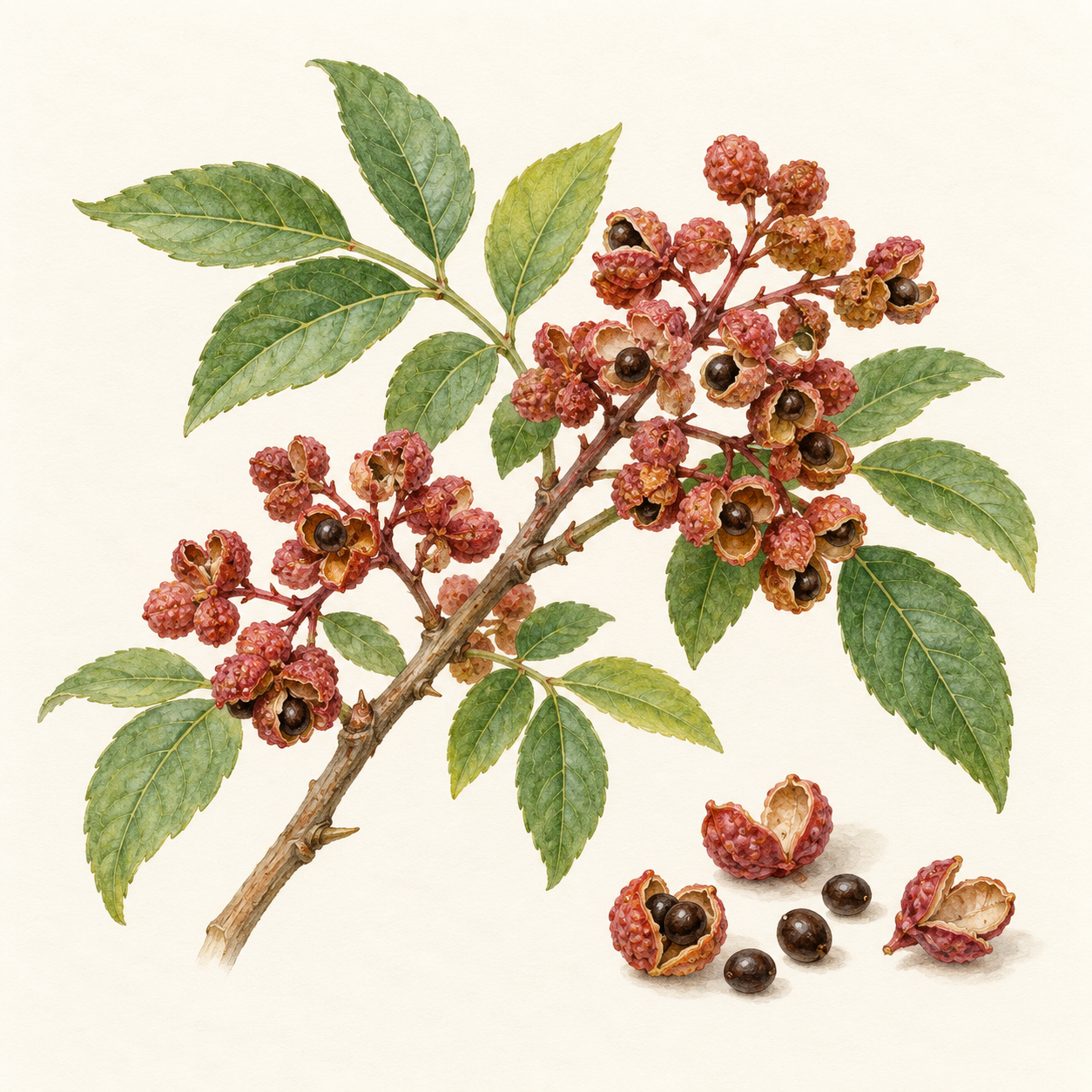 Botanical study of Sichuan pepper husks, berries and foliage