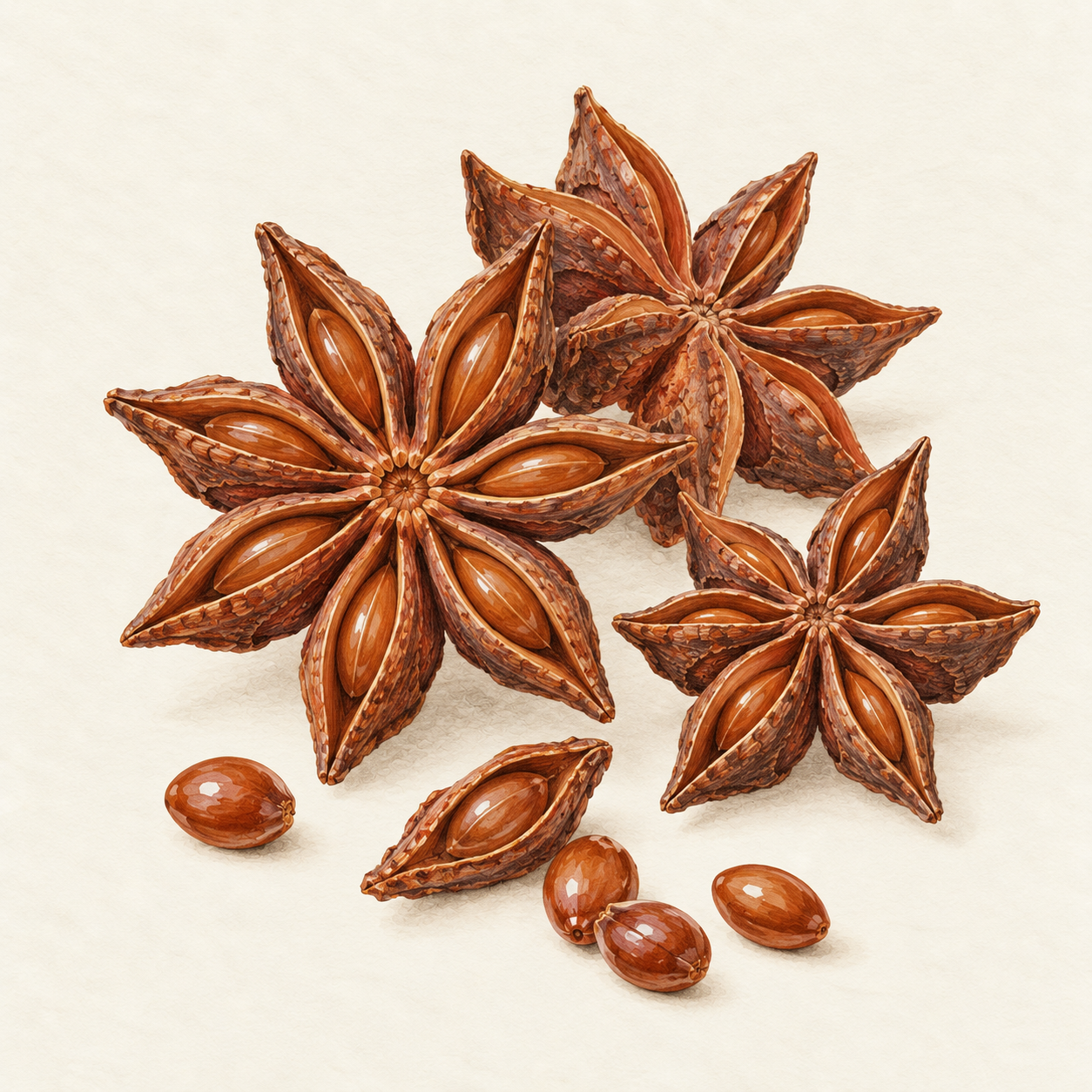 Botanical study of star anise fruits, seeds and foliage