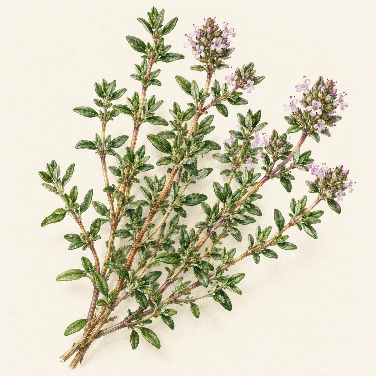 Botanical study of thyme sprigs and small flowers