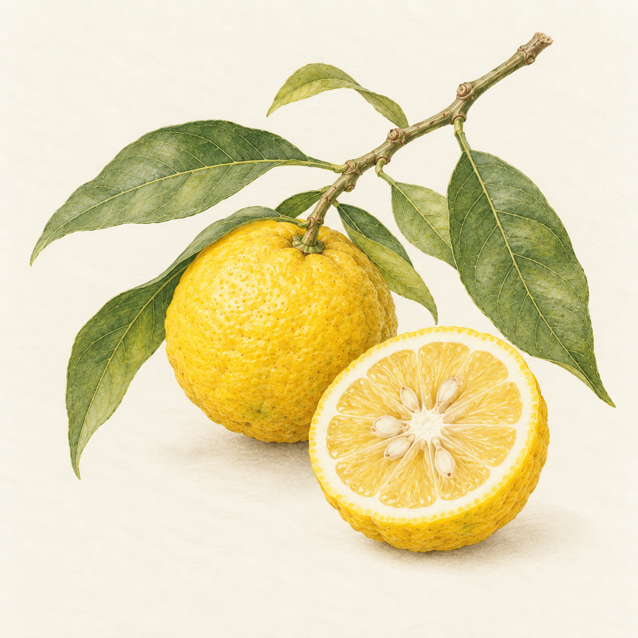 Botanical study of yuzu fruit, blossom and thorny citrus foliage